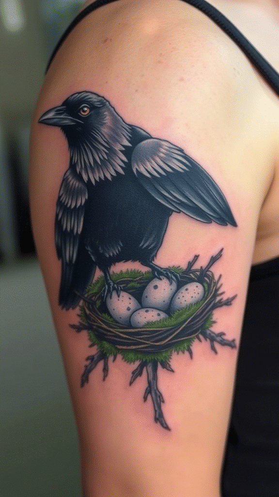 20. Crow Protecting Nest with Eggs
